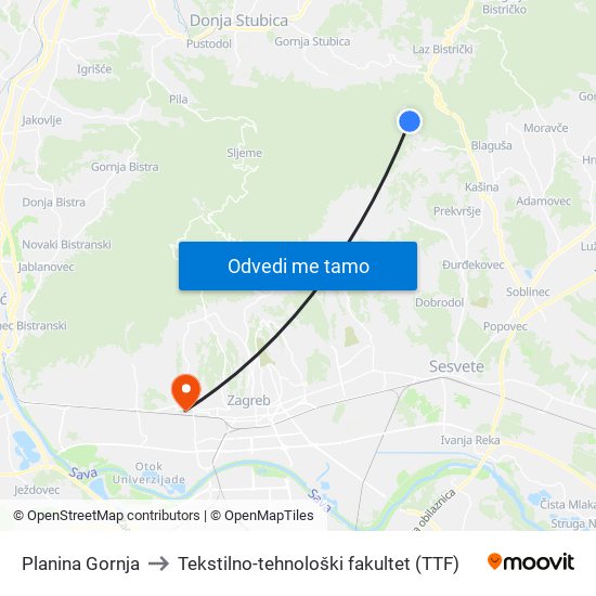 Planina Gornja to Tekstilno-tehnološki fakultet (TTF) map