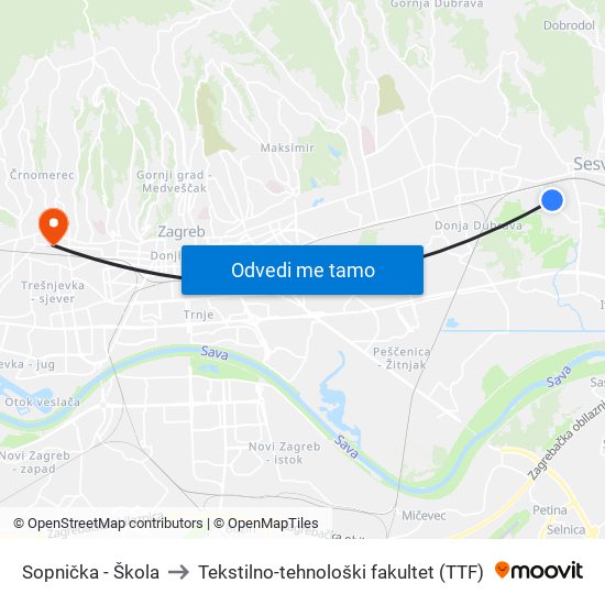 Sopnička - Škola to Tekstilno-tehnološki fakultet (TTF) map