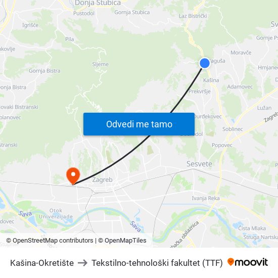 Kašina-Okretište to Tekstilno-tehnološki fakultet (TTF) map