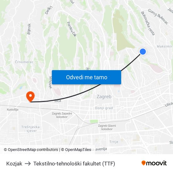 Kozjak to Tekstilno-tehnološki fakultet (TTF) map