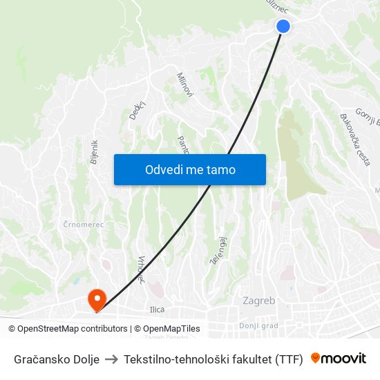 Gračansko Dolje to Tekstilno-tehnološki fakultet (TTF) map