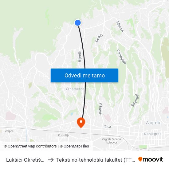 Lukšići-Okretište to Tekstilno-tehnološki fakultet (TTF) map