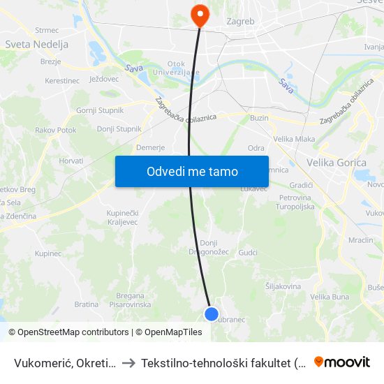 Vukomerić, Okretište to Tekstilno-tehnološki fakultet (TTF) map