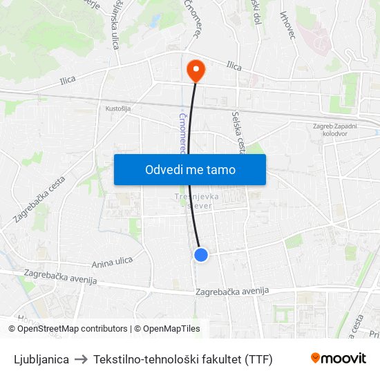 Ljubljanica to Tekstilno-tehnološki fakultet (TTF) map