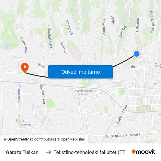 Garaža Tuškanac to Tekstilno-tehnološki fakultet (TTF) map