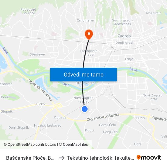 Bašćanske Ploče, Botinec to Tekstilno-tehnološki fakultet (TTF) map