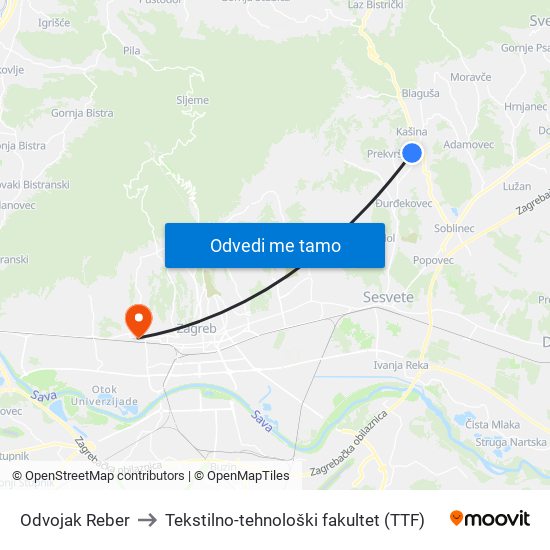 Odvojak Reber to Tekstilno-tehnološki fakultet (TTF) map