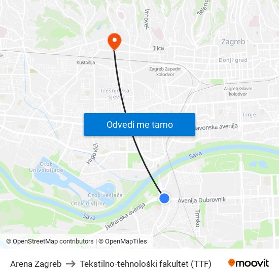 Arena Zagreb to Tekstilno-tehnološki fakultet (TTF) map