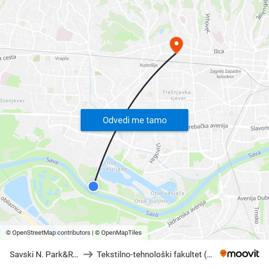 Savski N. Park&Ride to Tekstilno-tehnološki fakultet (TTF) map