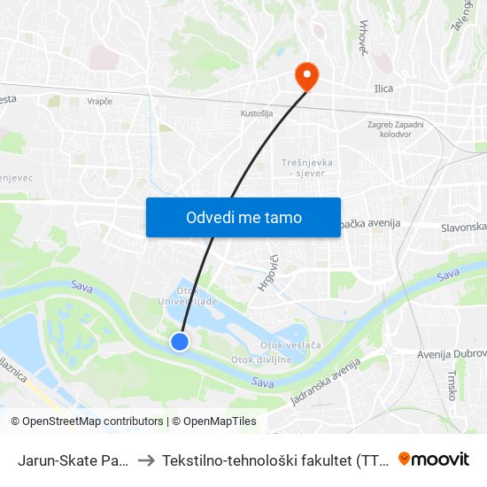 Jarun-Skate Park to Tekstilno-tehnološki fakultet (TTF) map