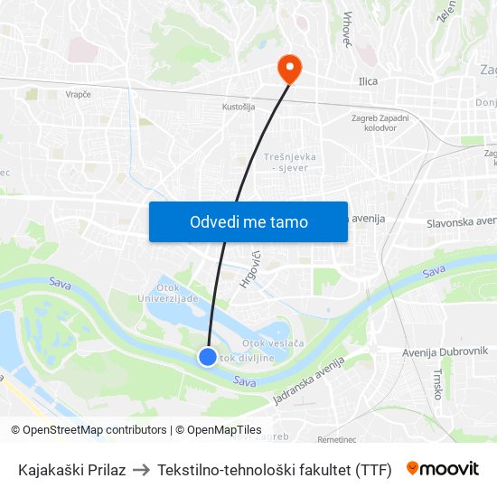 Kajakaški Prilaz to Tekstilno-tehnološki fakultet (TTF) map