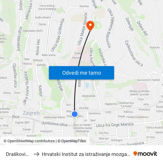 Draškovićeva to Hrvatski Institut za istraživanje mozga "Neuron" map