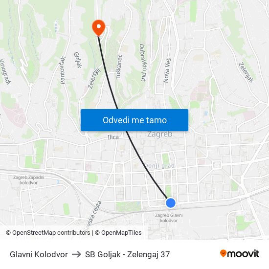 Glavni Kolodvor to SB Goljak - Zelengaj 37 map