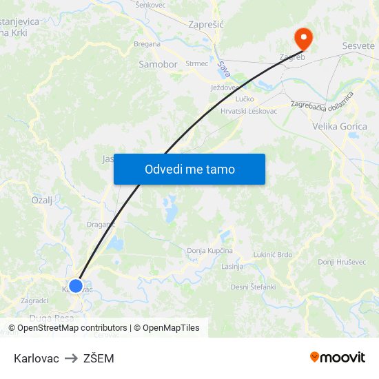 Karlovac to ZŠEM map