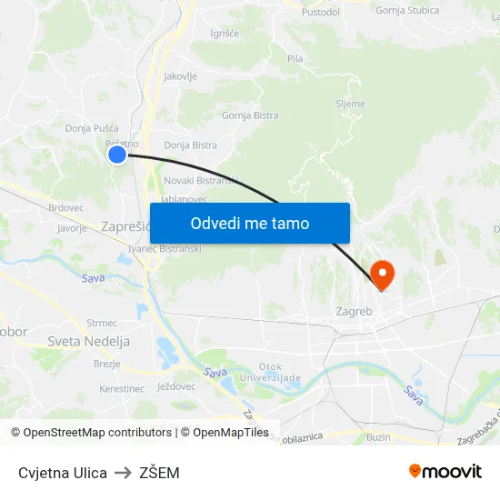 Cvjetna Ulica to ZŠEM map