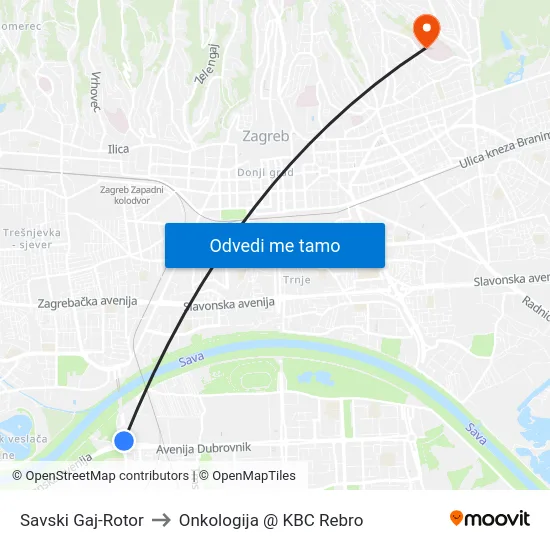 Savski Gaj-Rotor to Onkologija @ KBC Rebro map