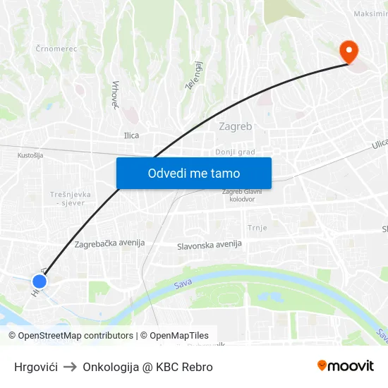 Hrgovići to Onkologija @ KBC Rebro map