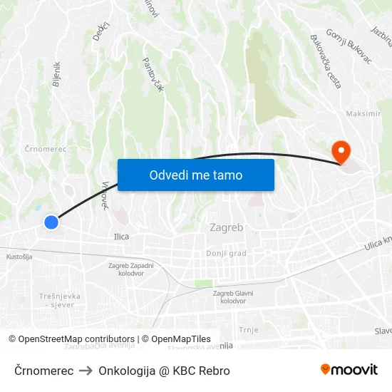 Črnomerec to Onkologija @ KBC Rebro map