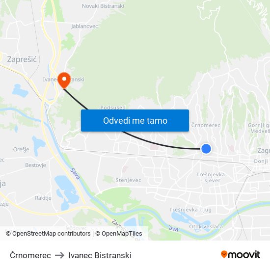 Črnomerec to Ivanec Bistranski map