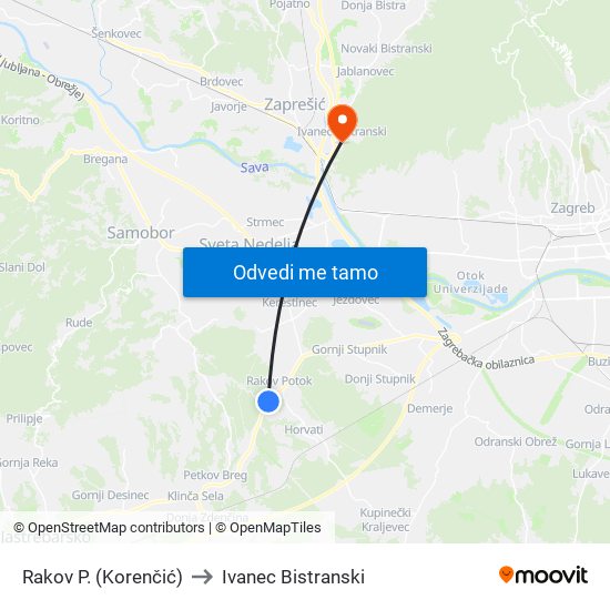 Rakov P. (Korenčić) to Ivanec Bistranski map