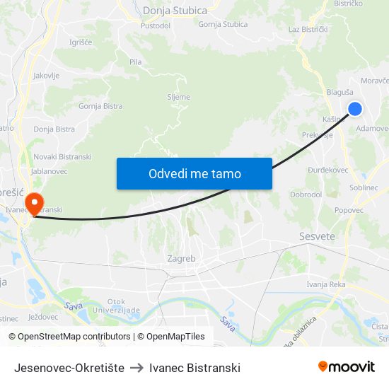 Jesenovec-Okretište to Ivanec Bistranski map