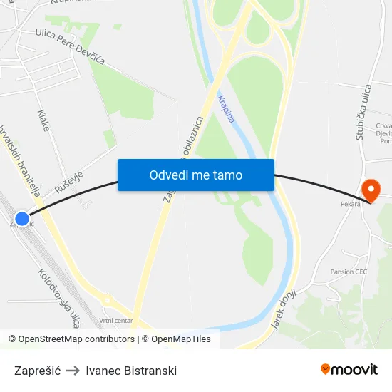 Zaprešić to Ivanec Bistranski map