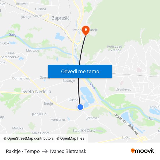 Rakitje - Tempo to Ivanec Bistranski map