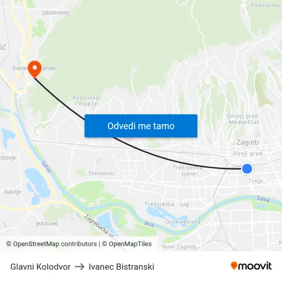 Glavni Kolodvor to Ivanec Bistranski map