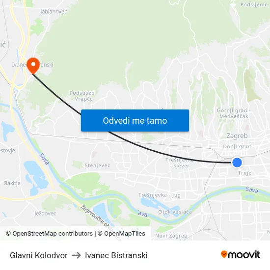 Glavni Kolodvor to Ivanec Bistranski map