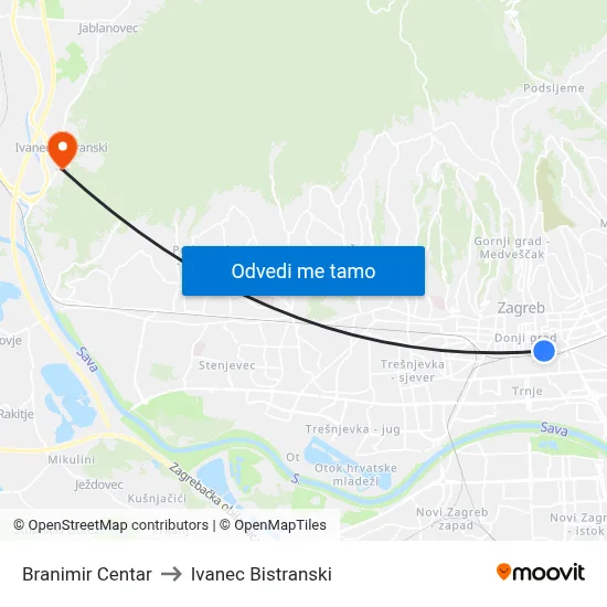Branimir Centar to Ivanec Bistranski map