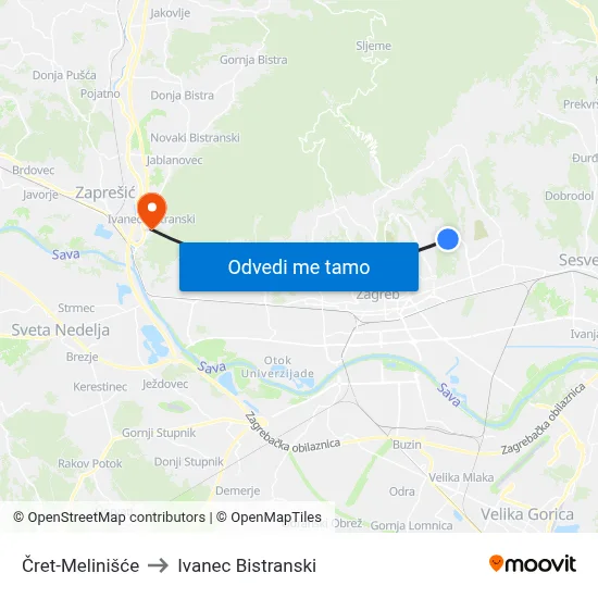 Čret-Melinišće to Ivanec Bistranski map