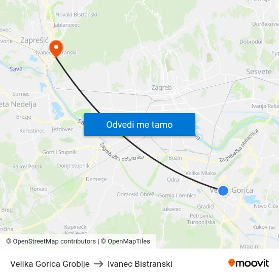 Velika Gorica Groblje to Ivanec Bistranski map