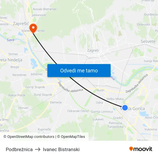 Podbrežnica to Ivanec Bistranski map