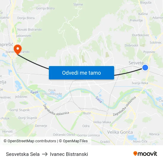 Sesvetska Sela to Ivanec Bistranski map