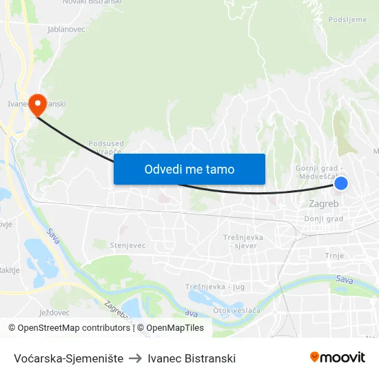 Voćarska-Sjemenište to Ivanec Bistranski map