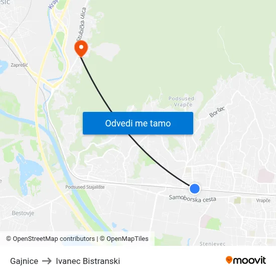 Gajnice to Ivanec Bistranski map