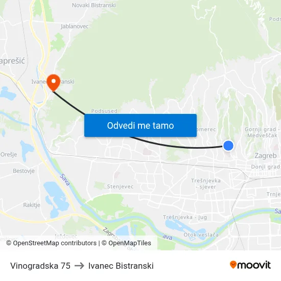 Vinogradska 75 to Ivanec Bistranski map
