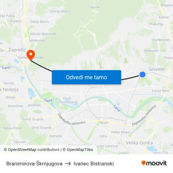 Branimirova-Škrnjugova to Ivanec Bistranski map