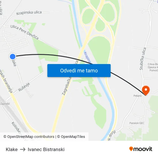 Klake to Ivanec Bistranski map