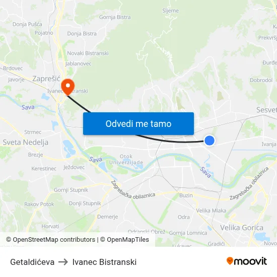 Getaldićeva to Ivanec Bistranski map