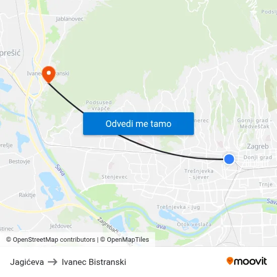 Jagićeva to Ivanec Bistranski map