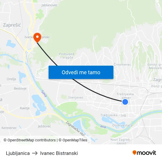Ljubljanica to Ivanec Bistranski map