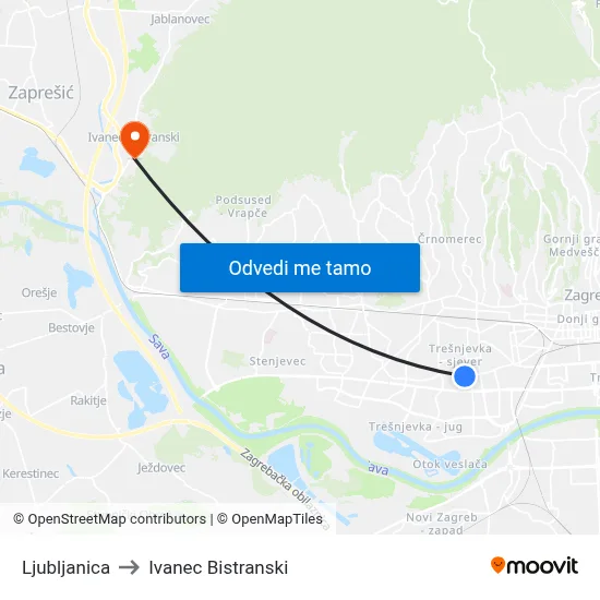 Ljubljanica to Ivanec Bistranski map