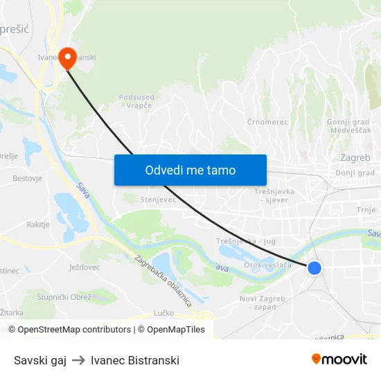 Savski gaj to Ivanec Bistranski map