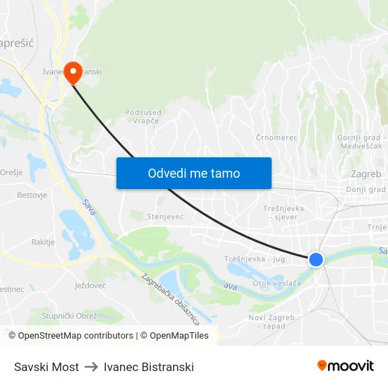 Savski Most to Ivanec Bistranski map