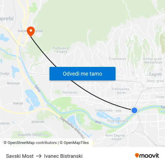 Savski Most to Ivanec Bistranski map