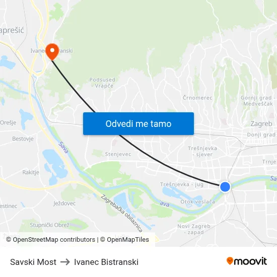 Savski Most to Ivanec Bistranski map