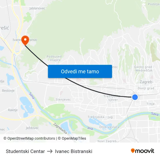 Studentski Centar to Ivanec Bistranski map
