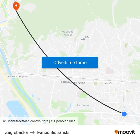 Zagrebačka to Ivanec Bistranski map