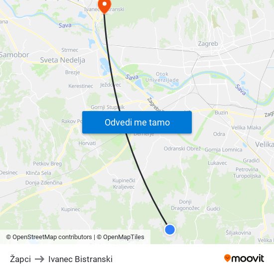 Žapci to Ivanec Bistranski map